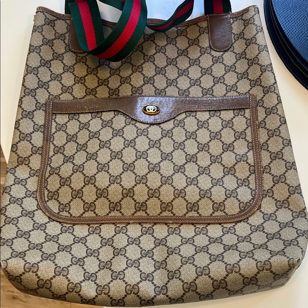 Gucci GG Plus Monogram Tote with Brown leather trim
